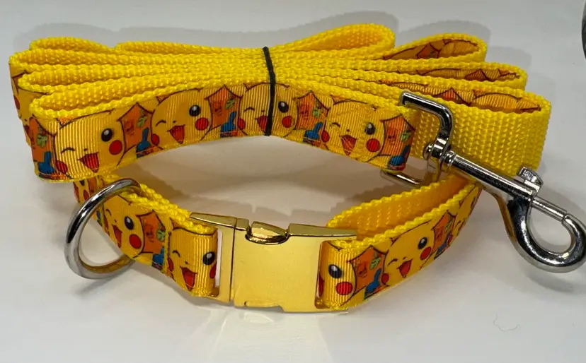 Dog Collar & Leash Yellow Pokemon Game Print Large Handmade Heavy Duty NEW