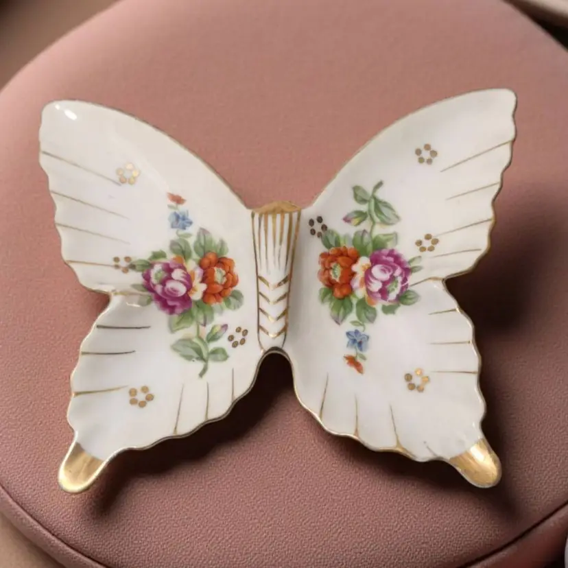 Vintage Japanese Butterfly Ashtray Trinket Dish Porcelain Floral Cottage MCM