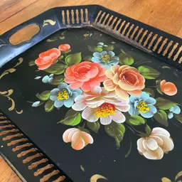 Vintage (Metal) Black Toleware Serving Tray Hand Painted Floral Open Handles ROMANTIC
