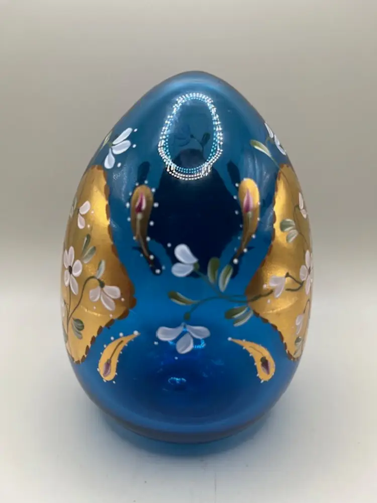 #02 Large Vintage Hand Painted Fenton Art Glass Egg ~ Blue Gold Floral ~ Signed D. Barbour (Diana Barbour)