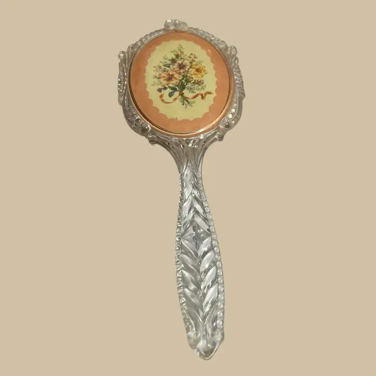 023 Vintage Victorian Style Peach floral plastic vanity brush boars hair? 10" x 4"