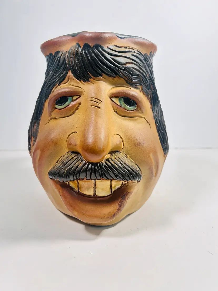 A&A POTTERY forlorn FACE PITCHER Alan Anita Yamark Colorado Blue eyes & interior
