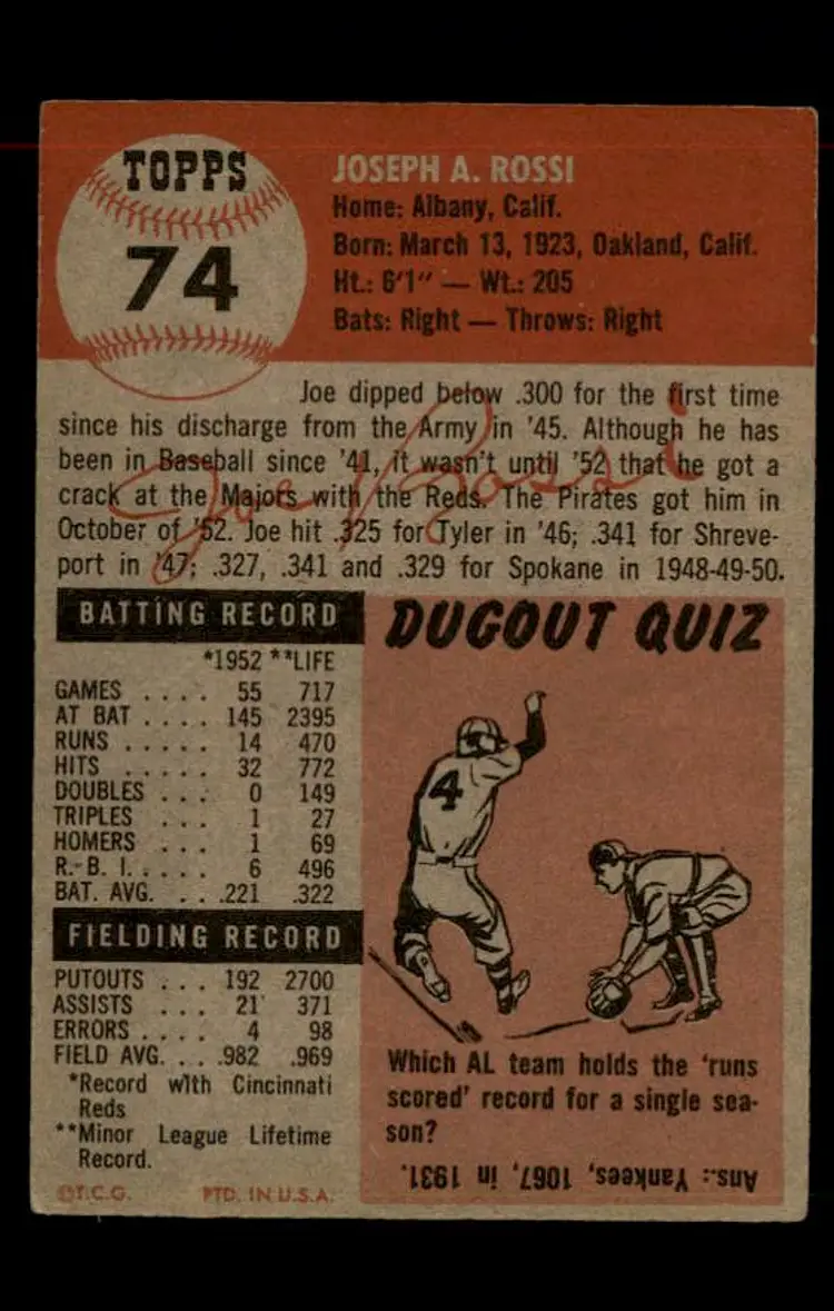 1953 Topps #74 Joe Rossi - (pk-tl1) - Pittsburgh Pirates