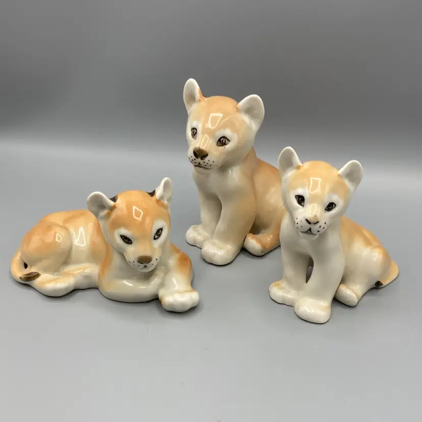 Vintage Lomonosov Lion Figurines - Set of 3 - Made in USSR - 1970s