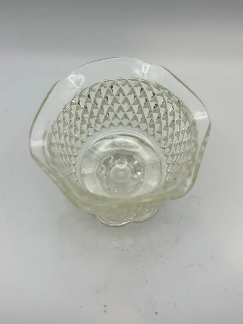 Vintage Indiana Glass Diamond Point Small Bowl Scalloped Rim and Footed Base, MCM 2.75” H