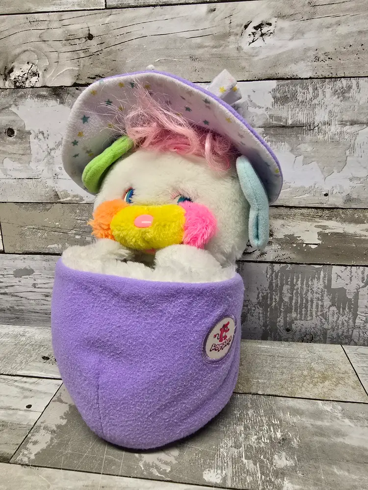 Vintage Popples Baby Bibsy 12” Plush 1986 White Purple Bonnet Rattle Tail