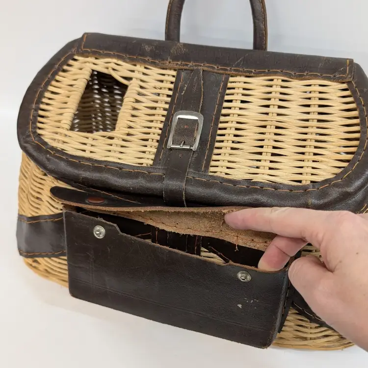 Vintage Fishing Creel Wicker Basket Leather Tackle Pocket & Trim Ruler Decor