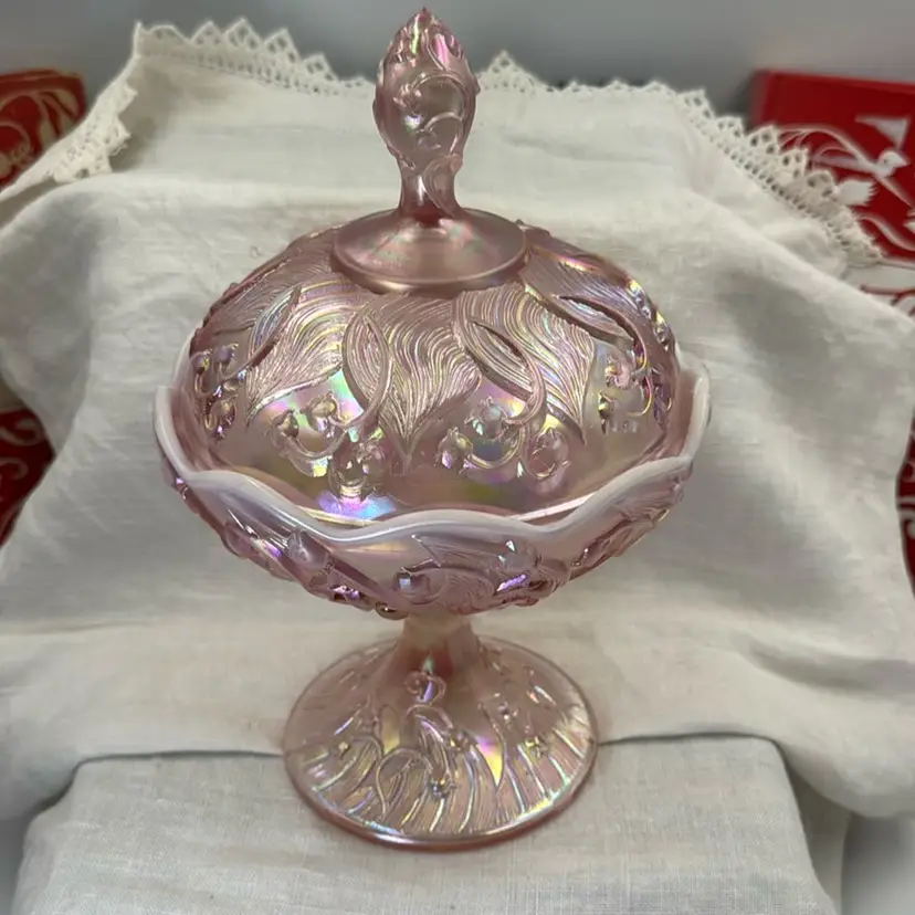 Fenton Pink Iridescent Lily of the Valley Pedestal Lidded Candy Dish 8.5" Tall