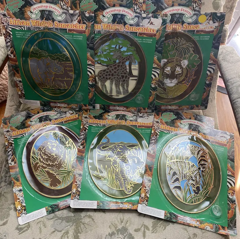Hermitage Pottery 1996 African Wildlife Suncatcher Set 6 Lion Rhino Elephant Etc