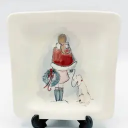 Jenny Parkhurst Christmas Trinket Dish Lady w/ White Dog Holiday Girl Wreath