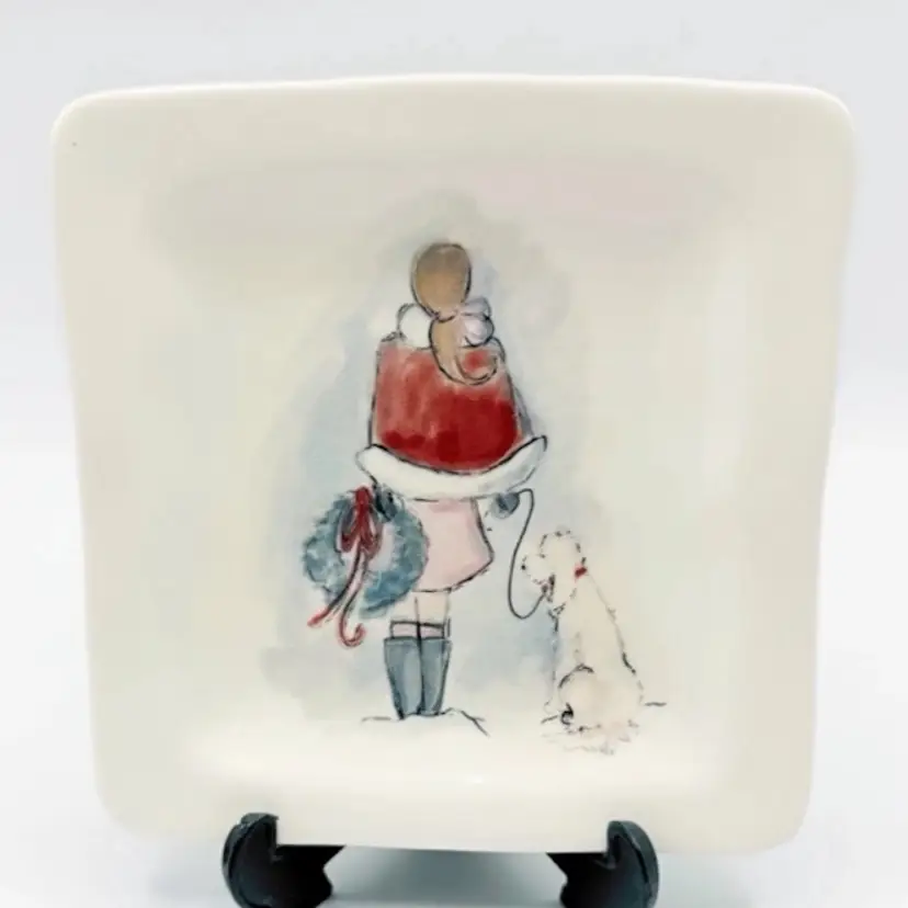 Jenny Parkhurst Christmas Trinket Dish Lady w/ White Dog Holiday Girl Wreath