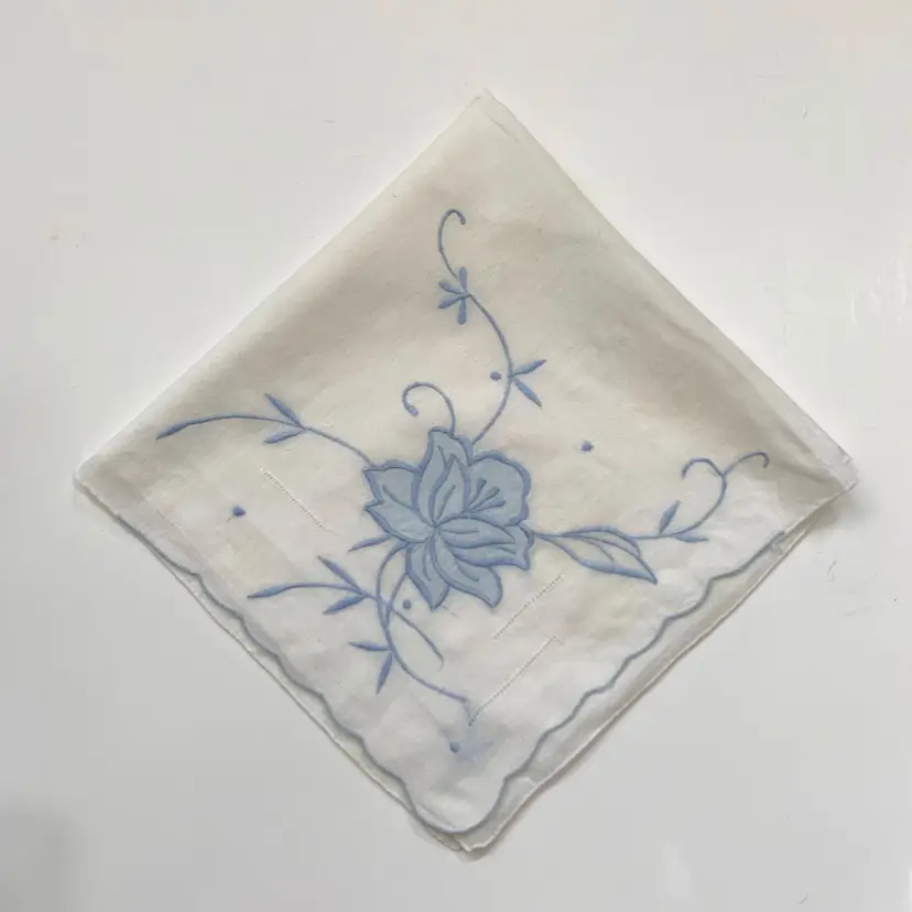 Embroidered Floral Handkerchief Something Blue Wedding Bride Cottage Core Vintage