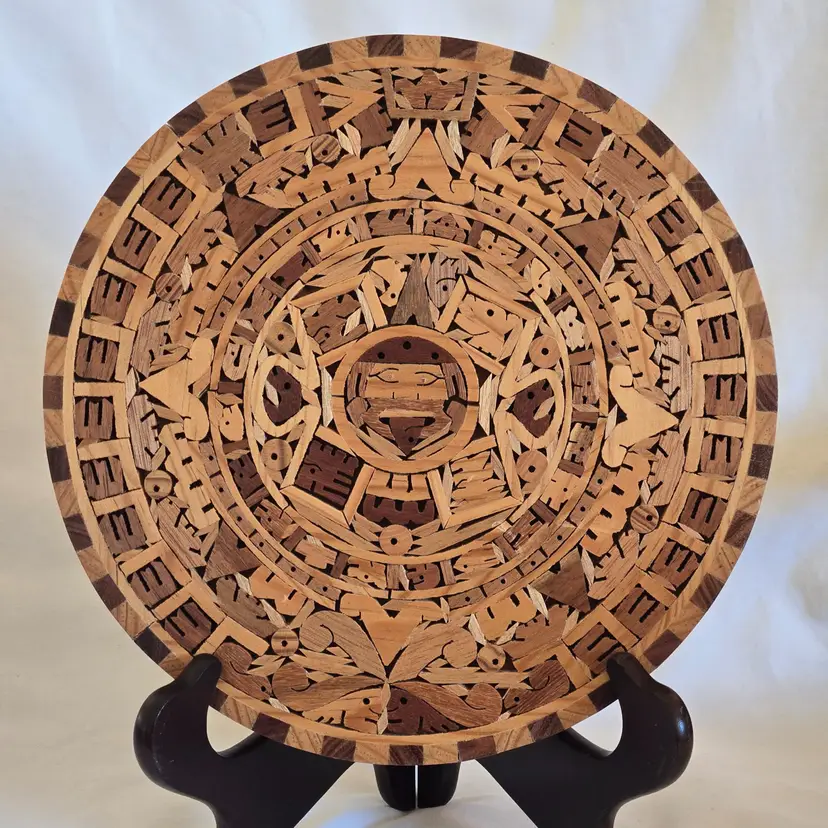 Mexico Folk Art Wood Aztec Calendar Handmade Round Mosaic 10¼" and Wood Identification on Backside