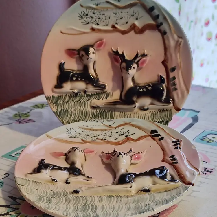Vintage Pair of Deer Wall Pockets | Darling Spotted Deer Under a Tree | Set of Two Matching Plate Shaped Planters or Vases | 1960s Made in Japan