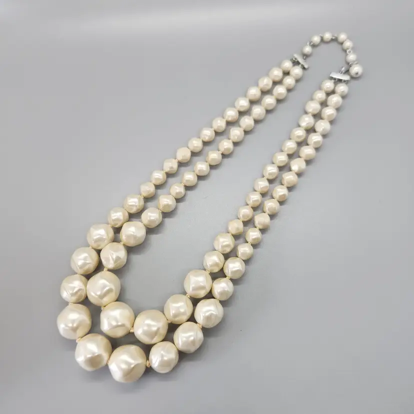 Chunky Pearl Tone Double Strand Necklace w Graduated Beads Hand Strung Adjustable Length Marked Japan + Gift Box