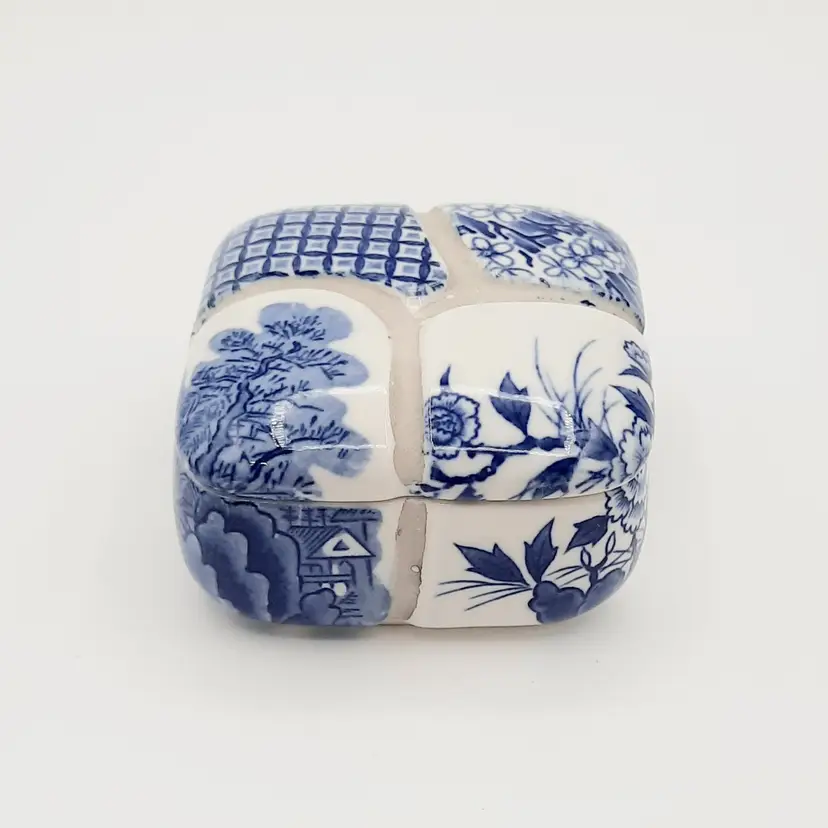 Vintage Blue & White Floral Patchwork Trinket Box Nancy Lopez 1980