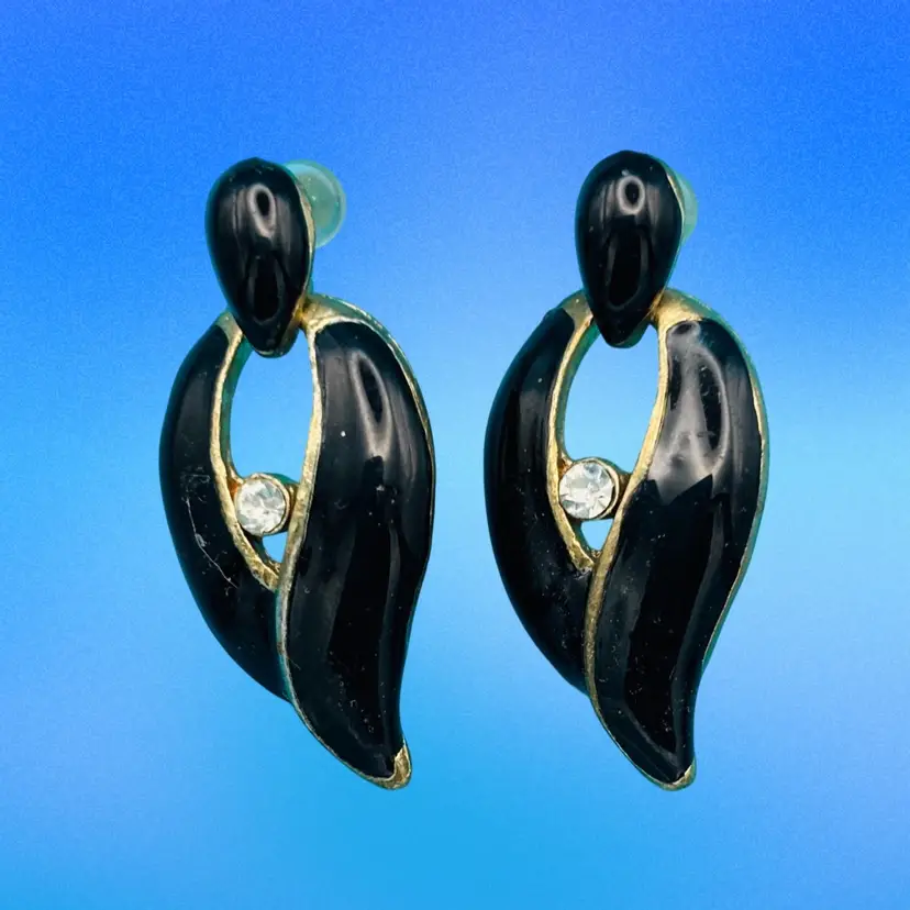 Vintage Black Enamel & Gold-Tone Earrings with Rhinestone Accent – Pierced