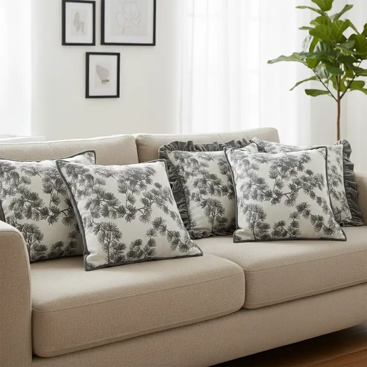 SOGA 6PC Gray Floral Pillowcase Set Ruffle Trim & Dark Gray Design 45cm Decorative