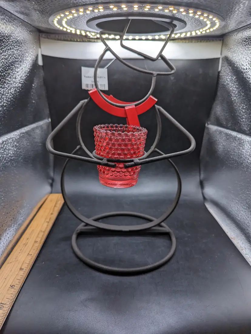 Yankee Candle Wrought Iron Snowman With Red Scarf Holding Red Glass Votive Candle Holder.