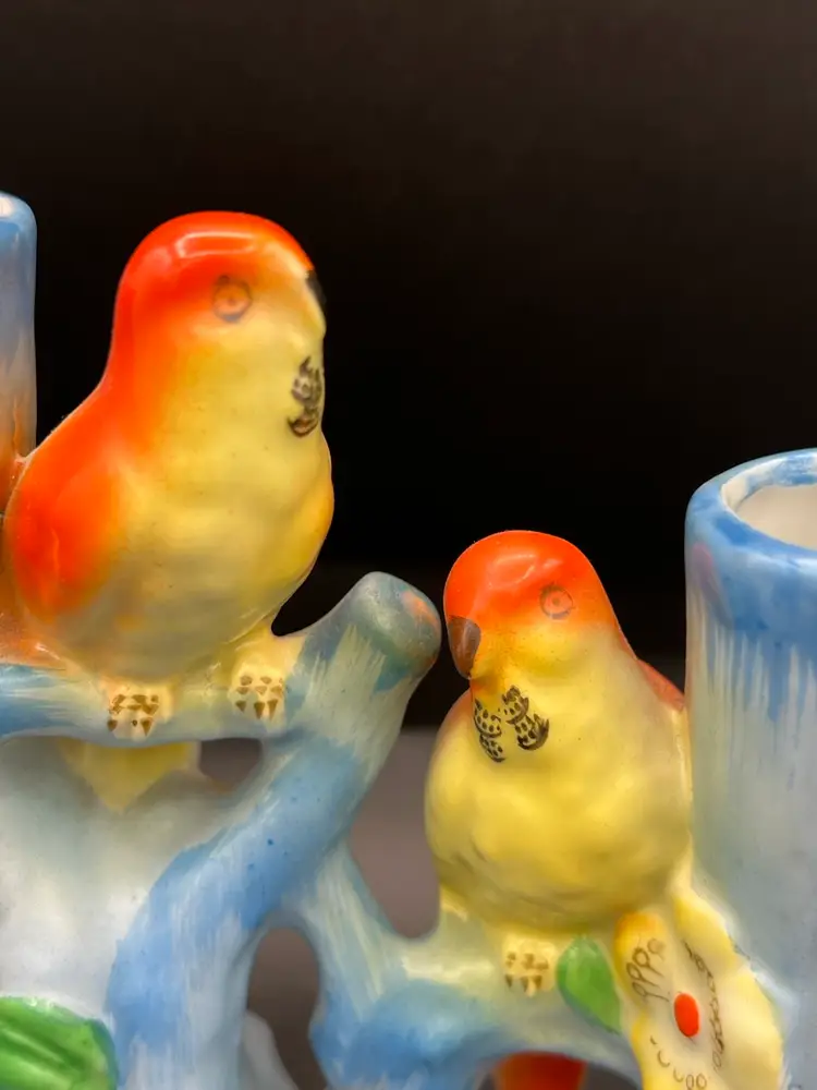 New! Vintage Ceramic Double Flower Vase/ Candle Holder  Birds / Parakeets Japan MCM