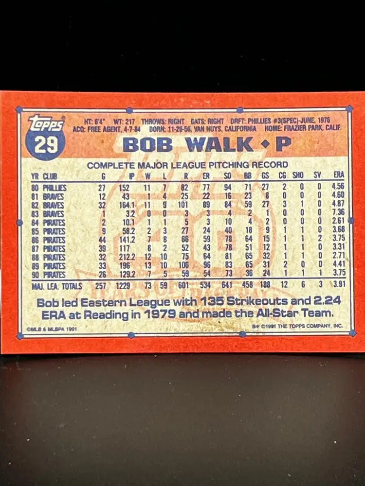 1991 Topps Baseball Trading Card Pirates Bob Walk #29
