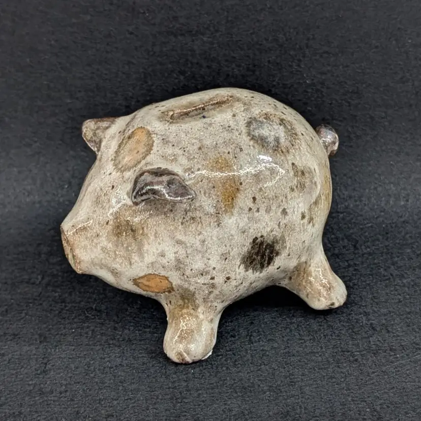 Vintage Handmade Pottery Piggy Bank Figurine Spotted Glaze Signed 4x3" AS IS