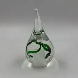 Vintage Clear And Green Art Glass Tear Drop Paperweight Made In Poland Signed AJ. Adam Jablonski