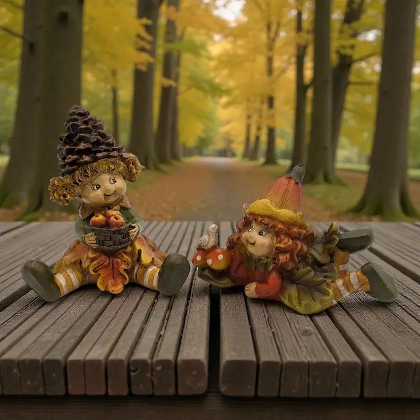 FALL Autumn Set of 2 Girls with Pinecone Hat and Flower Hat Figurines WMG 2009