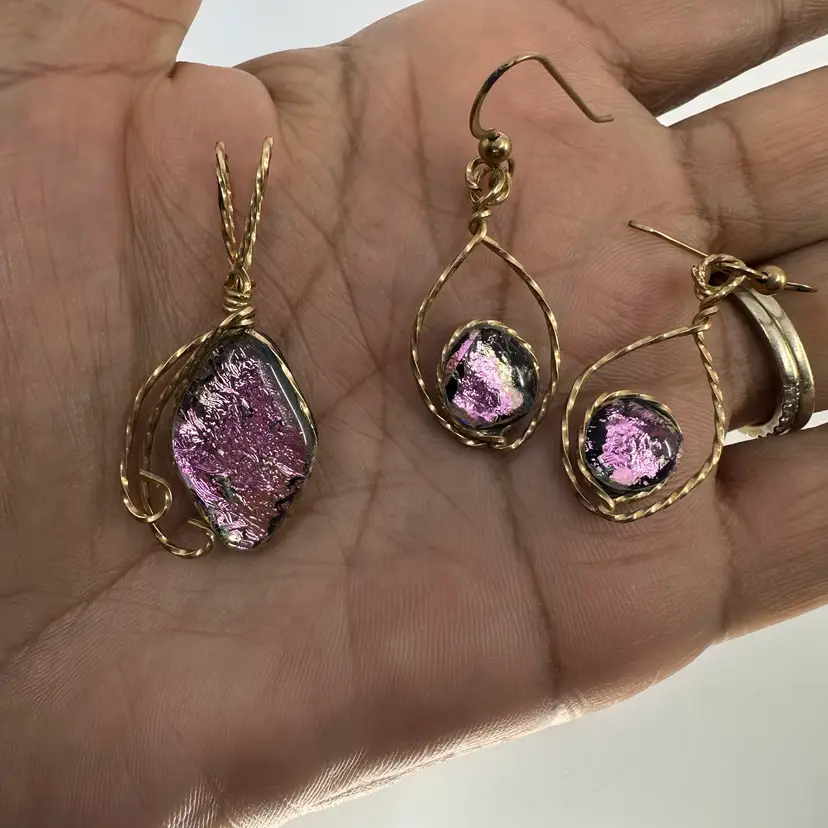 Dichroic Glass Gold Wire Wrapped Pendant & Dangle Earrings Set