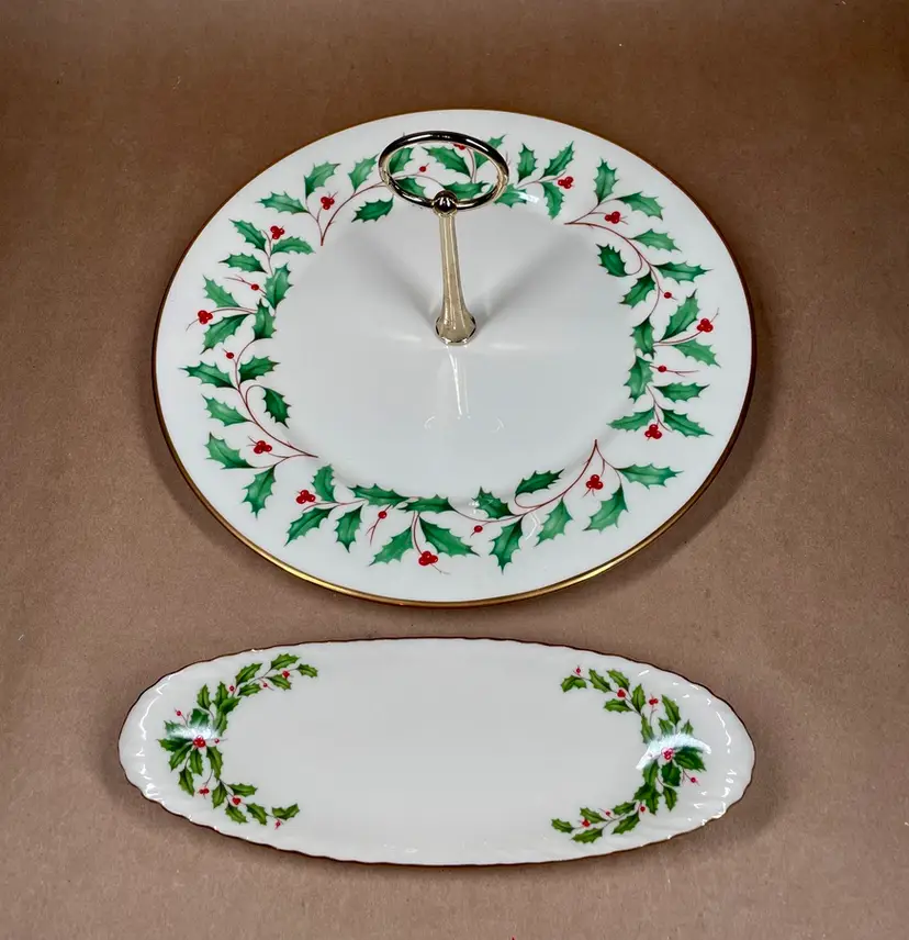 Vintage LENOX Gold Rim Holly & Berries Serving Plate with Handle & Relish Dish - USA