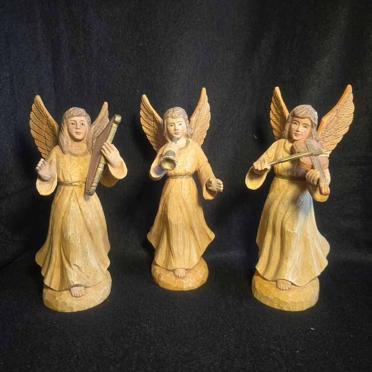 Enesco Mary Rhyner Musical Angel Trio – Set of 3 Angels Playing Harp • Violin • Horn (~8″)