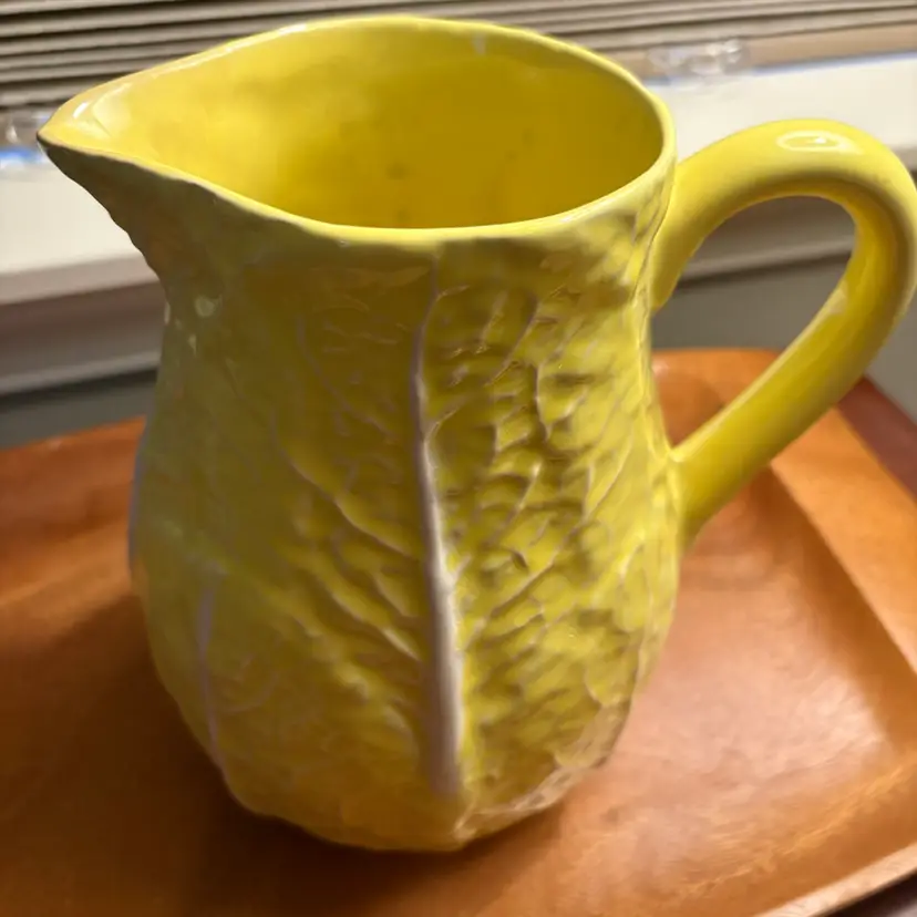 Vtg Yellow Cabbage Ware Pitcher, Majolica Lettuce Leaf Portugal - 1960s MCM