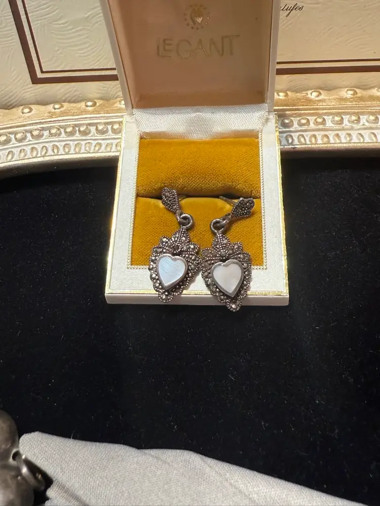 Sterling Silver Mother Of Pearl And Marcasite 
 Heart Drop Earrings