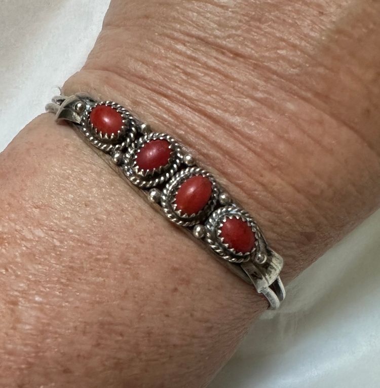 Native American Southwestern Sterling Silver & Coral Cuff Bracelet JJ