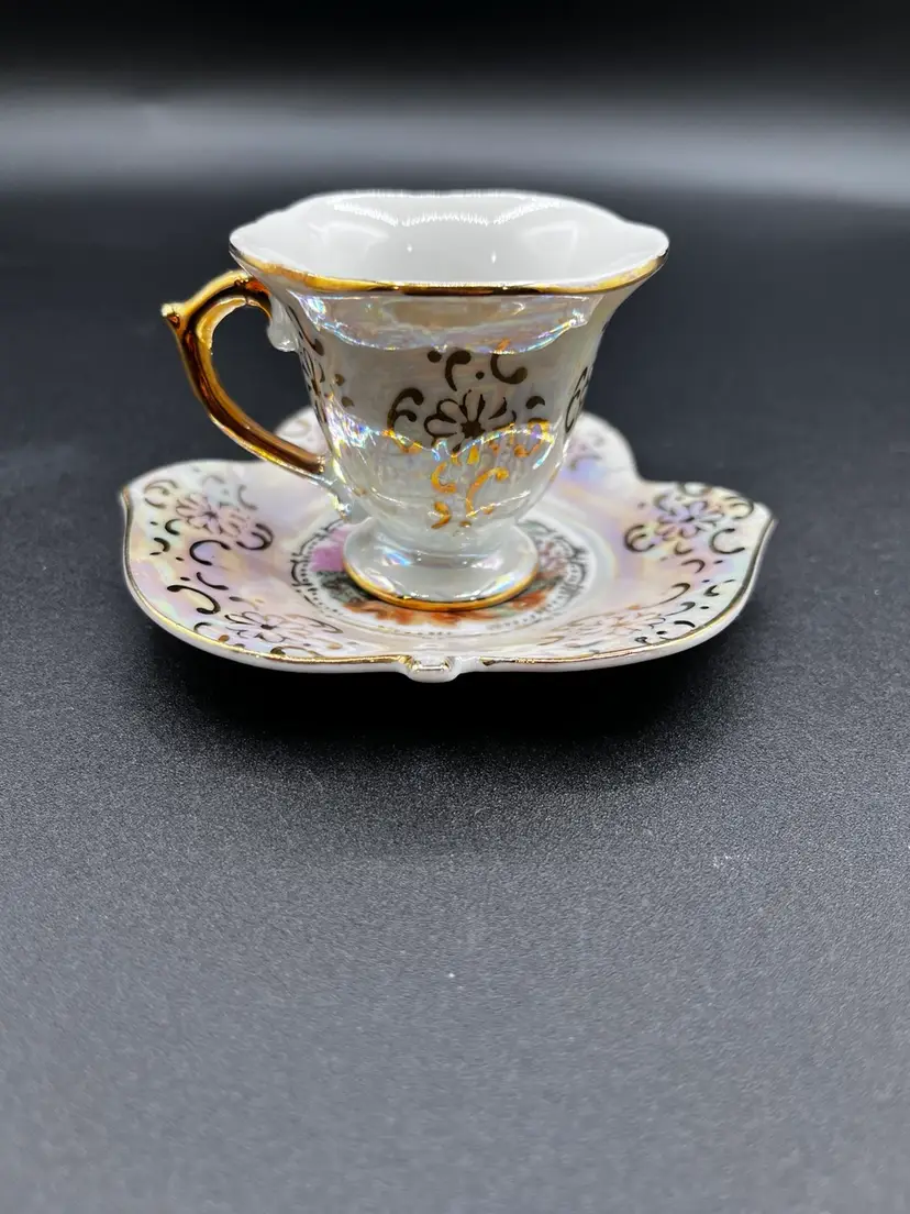 Pearl Iridescent 3 Cornered Demitasse Teacup And Saucer