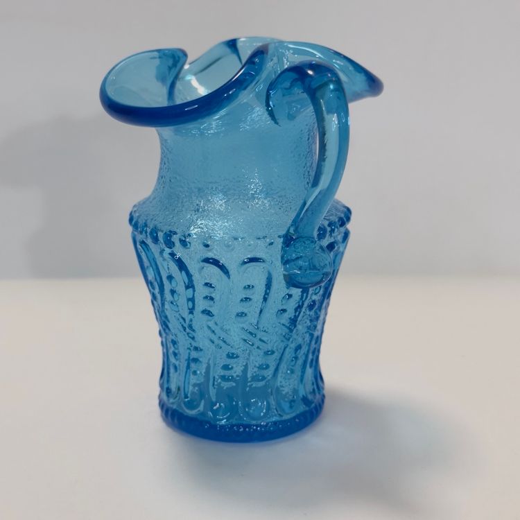 #1285 Vintage Kanawha Ice Colonial Blue Glass Crystal Mini Pitcher Jug Raised Loop Swirl Dots UV. Glow Green Wavy Top Applied Handle