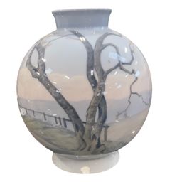 Bing & Grondahl Denmark Handpainted Vase With Bernstoff Estate Underglazed 9.5” x8” Globe Round Small Mouth Raised Edge And Circular Flat Raised Bottom Blue