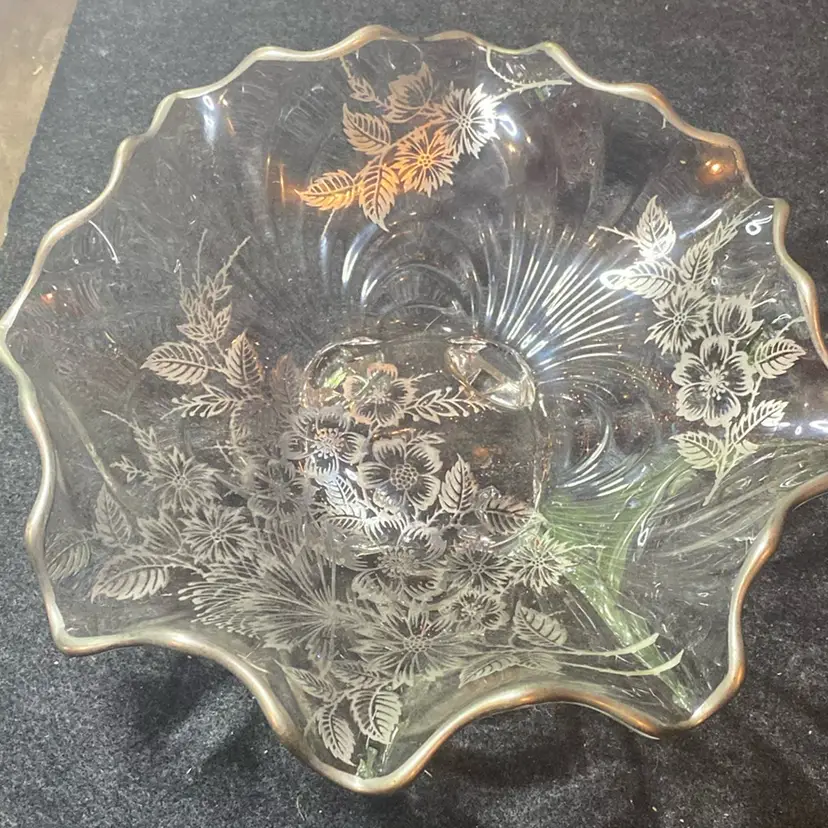 Silver Overlay Glass Footed Ruffled Edge Dish