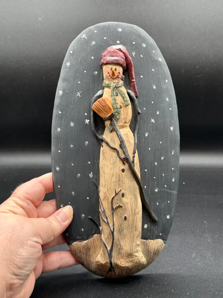 bloosom bucket snowman plaque vintage