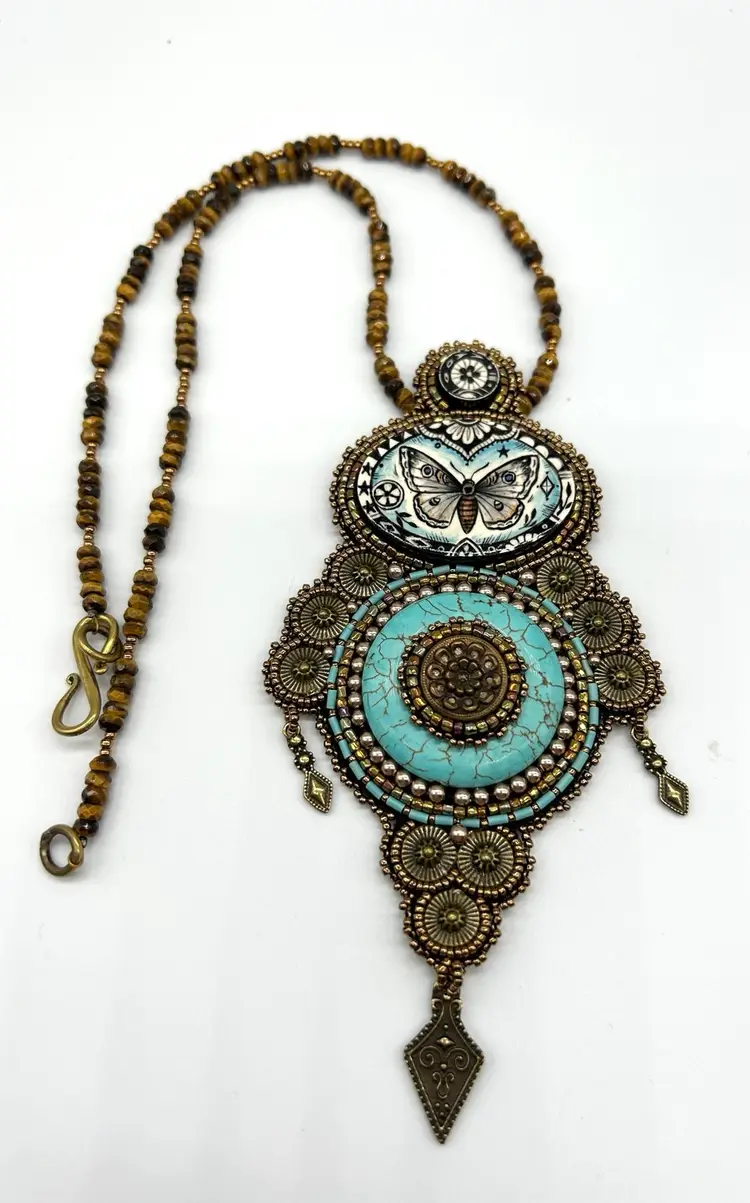 Hand Made Bead Embroidered Necklace Moth Turquoise Tiger Eye