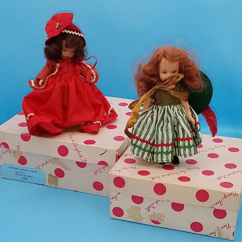 Vintage Nancy Ann Storybook Dolls, Set of 2 in Boxes, Christmas Colors
