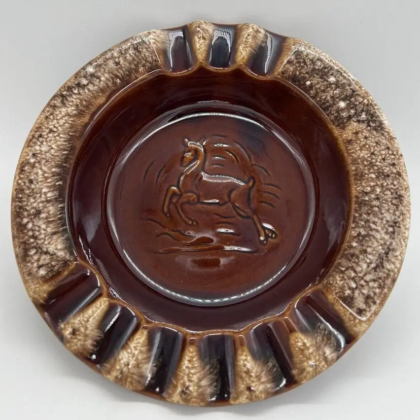 Vintage MCM Hull Pottery Brown Drip Deer Ashtray Lodge Cabin Cigar