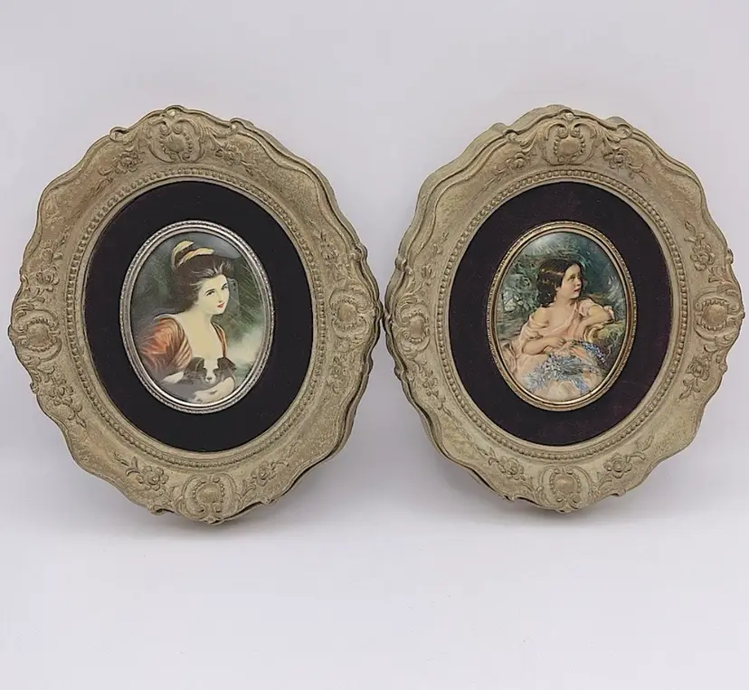 2 Cameos by “A Cameo Creation”, Purple/Burgandy Velvet, Muted Gold Oval Frames, “Lady Hamilton” by George Ramsey and “Spring Flowers” by John T. Peele,
ca 1950