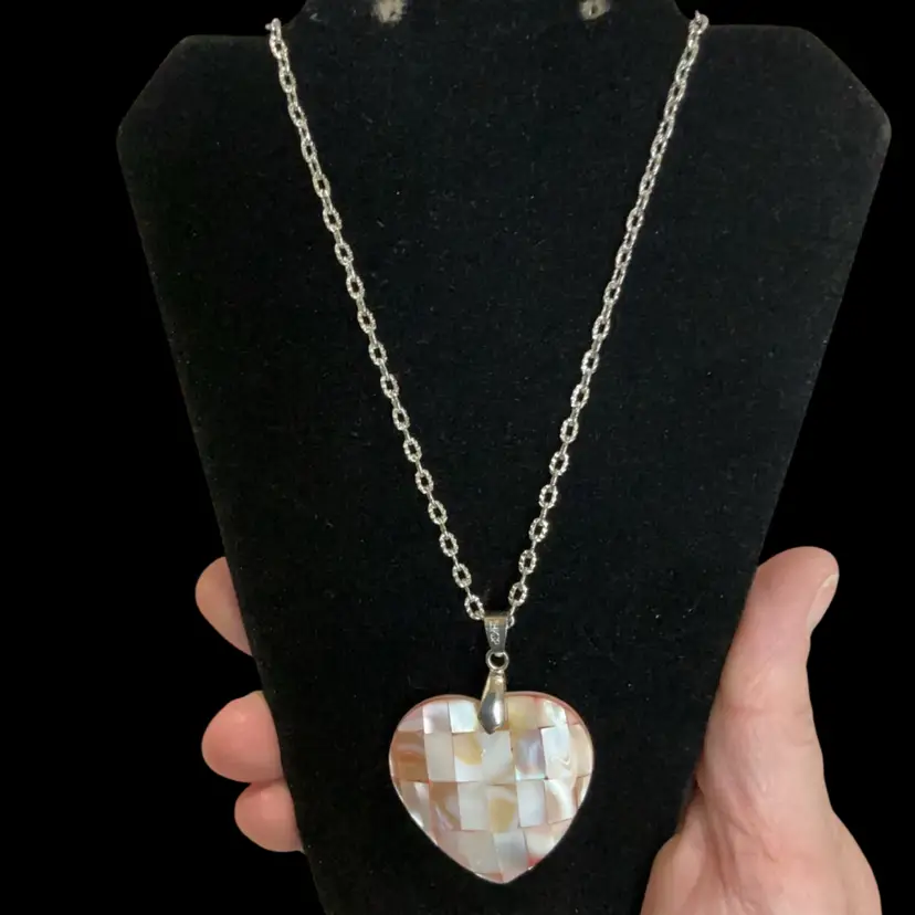 Beautiful Vintage Silvertone Heart Shape Mother Of Pearl  Patchwork Pendant Necklace .  Not Signed.