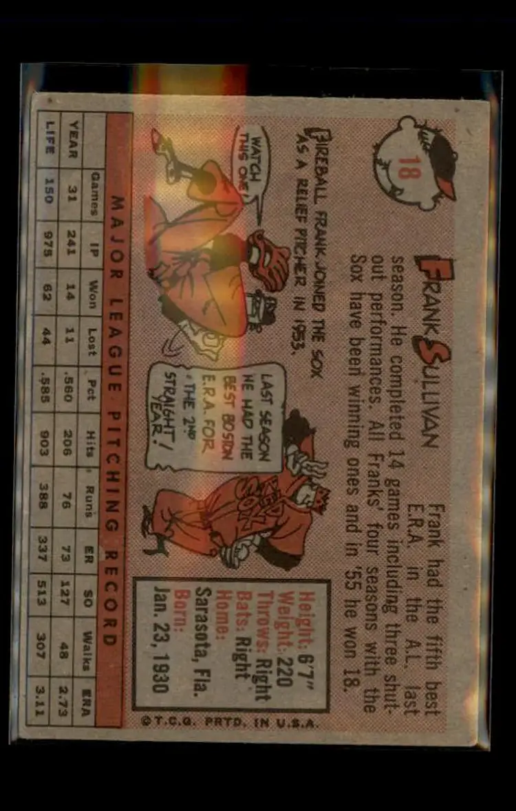 1958 Topps #18 Frank Sullivan - (pk4) - Boston Red Sox