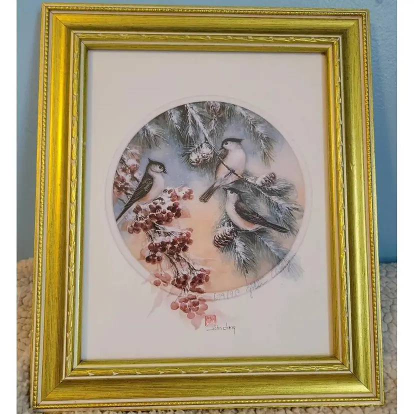 Vintage John Cheng Art Print 'Winter Gathering' Sparrows Signed And Numbered