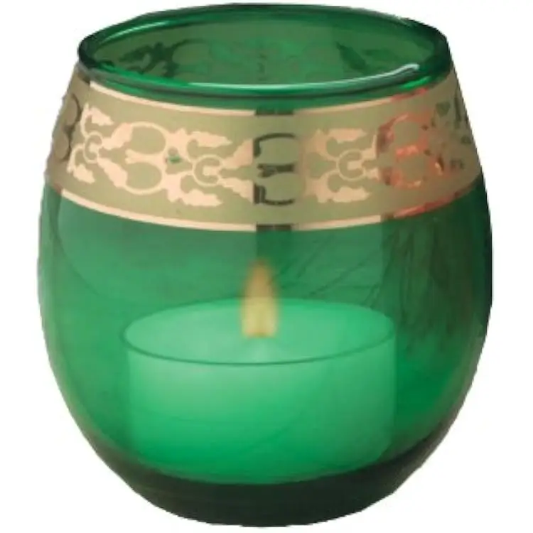 Biedermann & Sons Green Glass Tealight Candle Holder with Gold Trim
