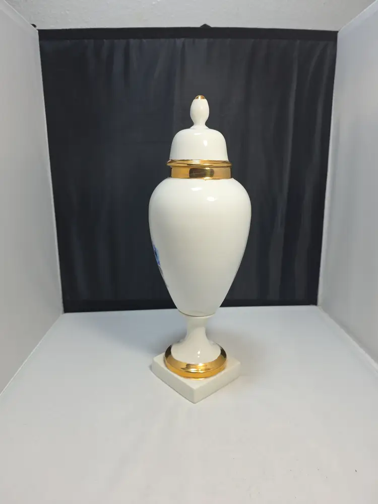 Vintage Limoges France Porcelain Lamp Base Lidded Urn Blue Floral Gold Trim (AB)