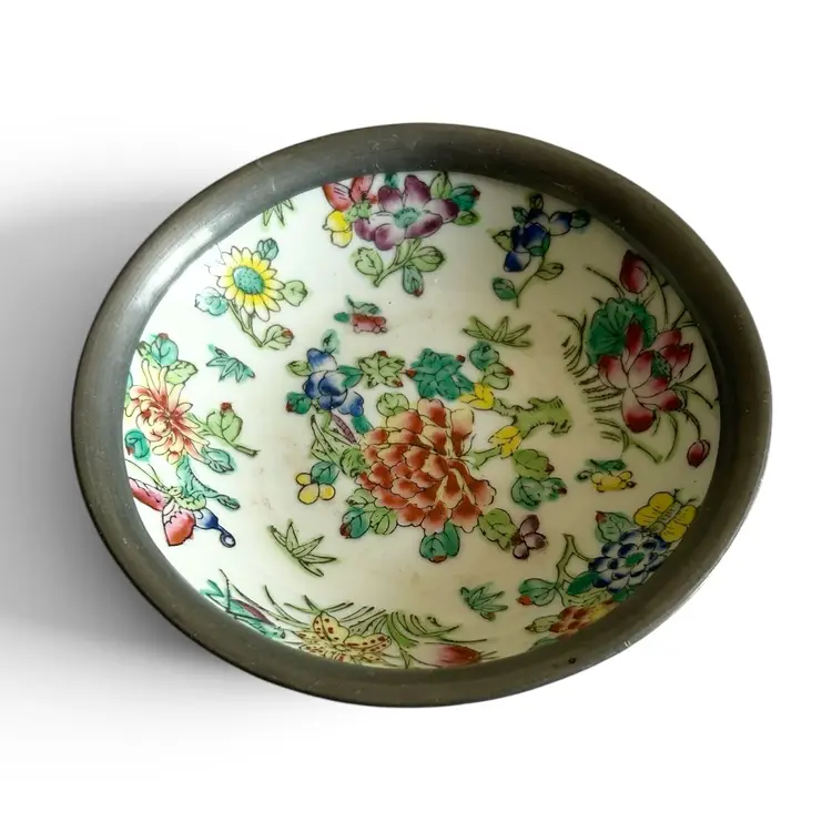 Vintage Japanese Porcelain Floral Rice Bowl or Trinket Dish with Pewter Base