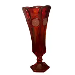 Fostoria Ruby Coin Glass bud vase with a flared rim and hexagonal base. 8”